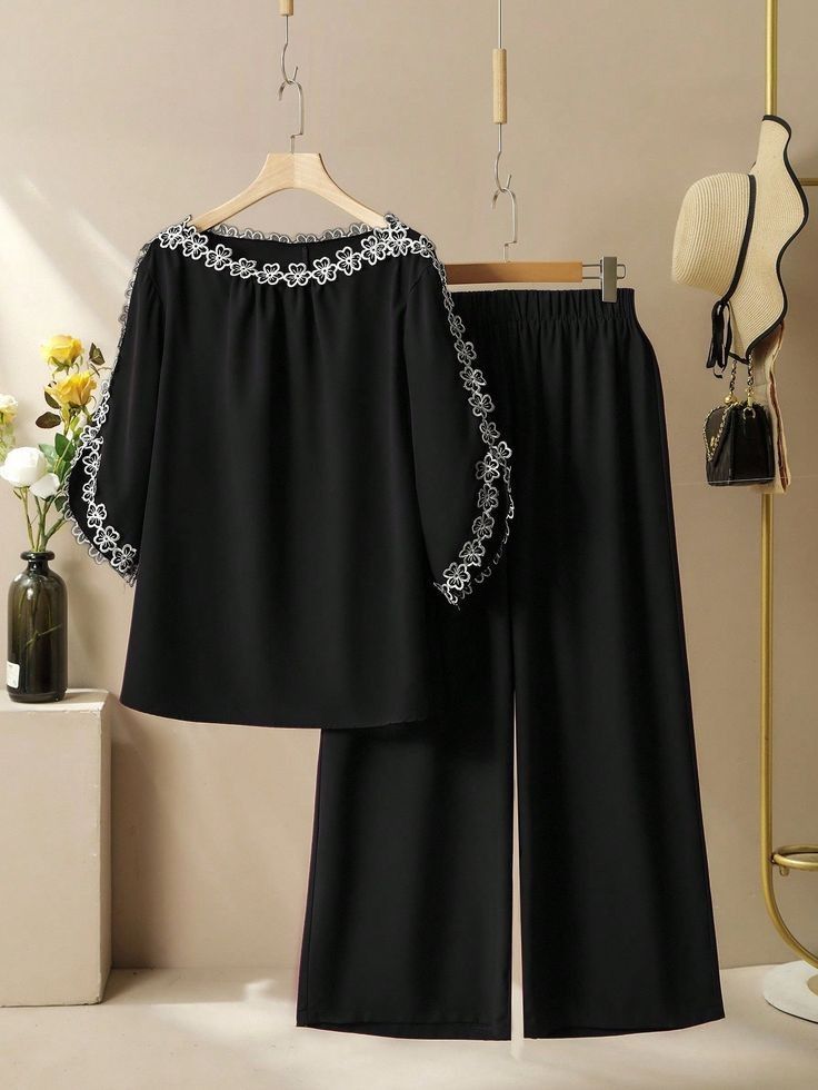 Texora Black Lace Trim 2 Piece Co Ord Set For Women