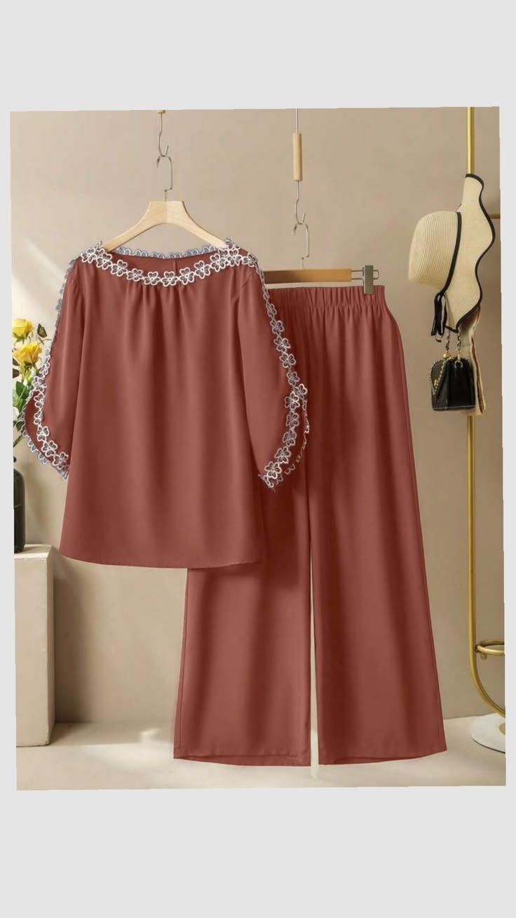 Rust brown 2 piece lace trim co ord set for women wide leg pants - Texora