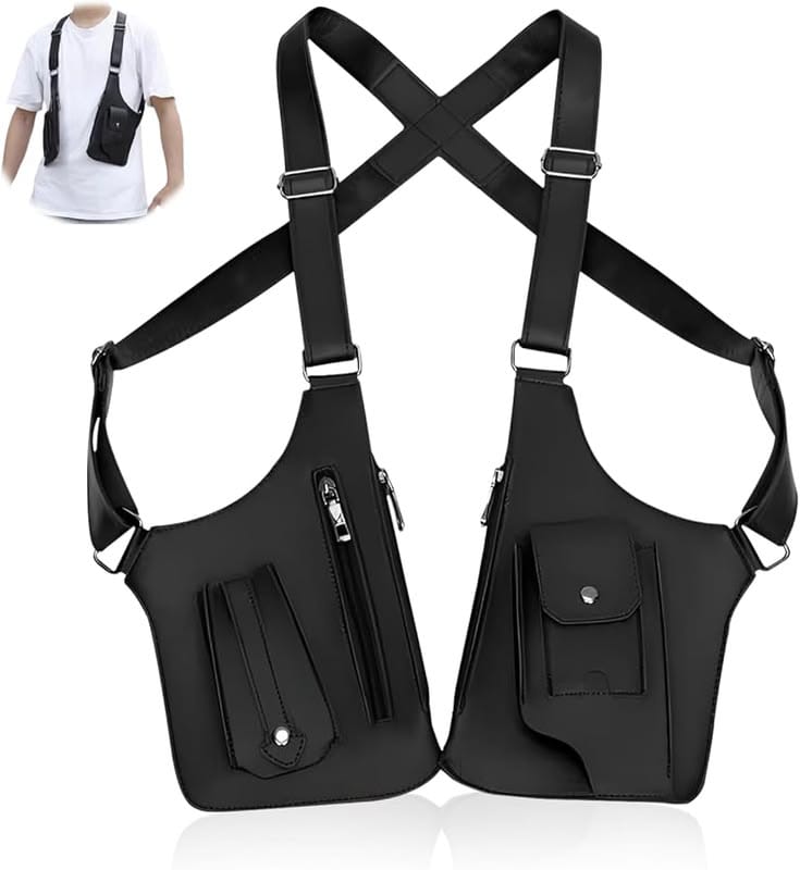 Black tactical crossbody sling bag for men worn over shoulder with casual 