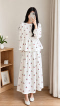 Texora white cherry print peplum top and flowy maxi skirt 2 piece co ord set for women