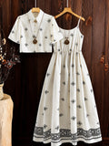 Texora ivory boho geometric embroidered 2 piece set with cropped button shirt and strappy maxi dress