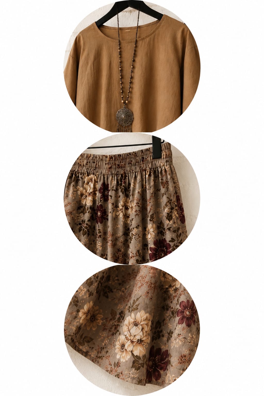 Texora camel balloon sleeve top and taupe floral print maxi skirt boho 2 piece set for women