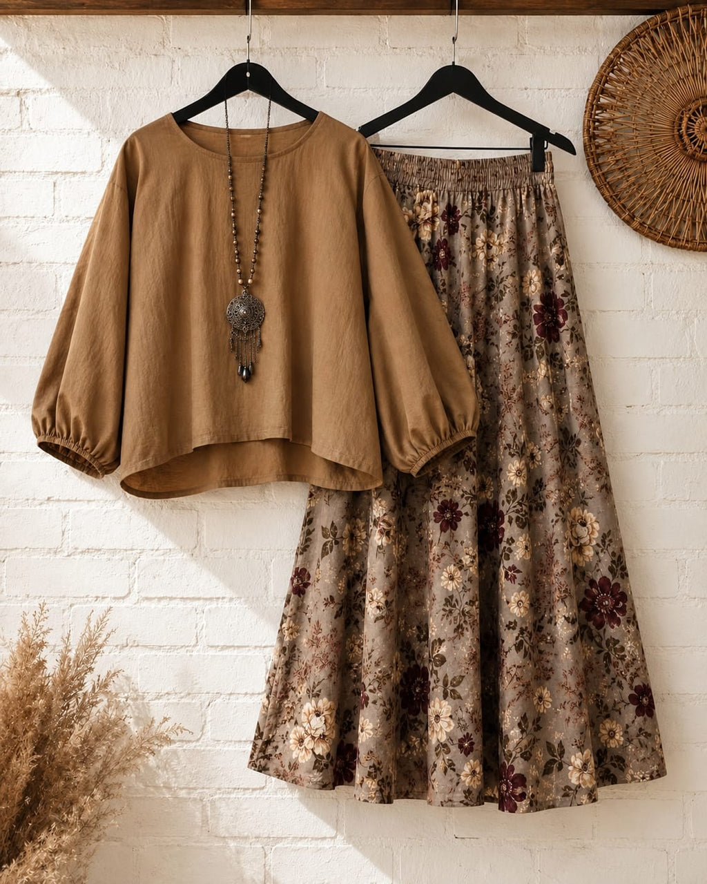 Texora camel balloon sleeve top and taupe floral print maxi skirt boho 2 piece set for women