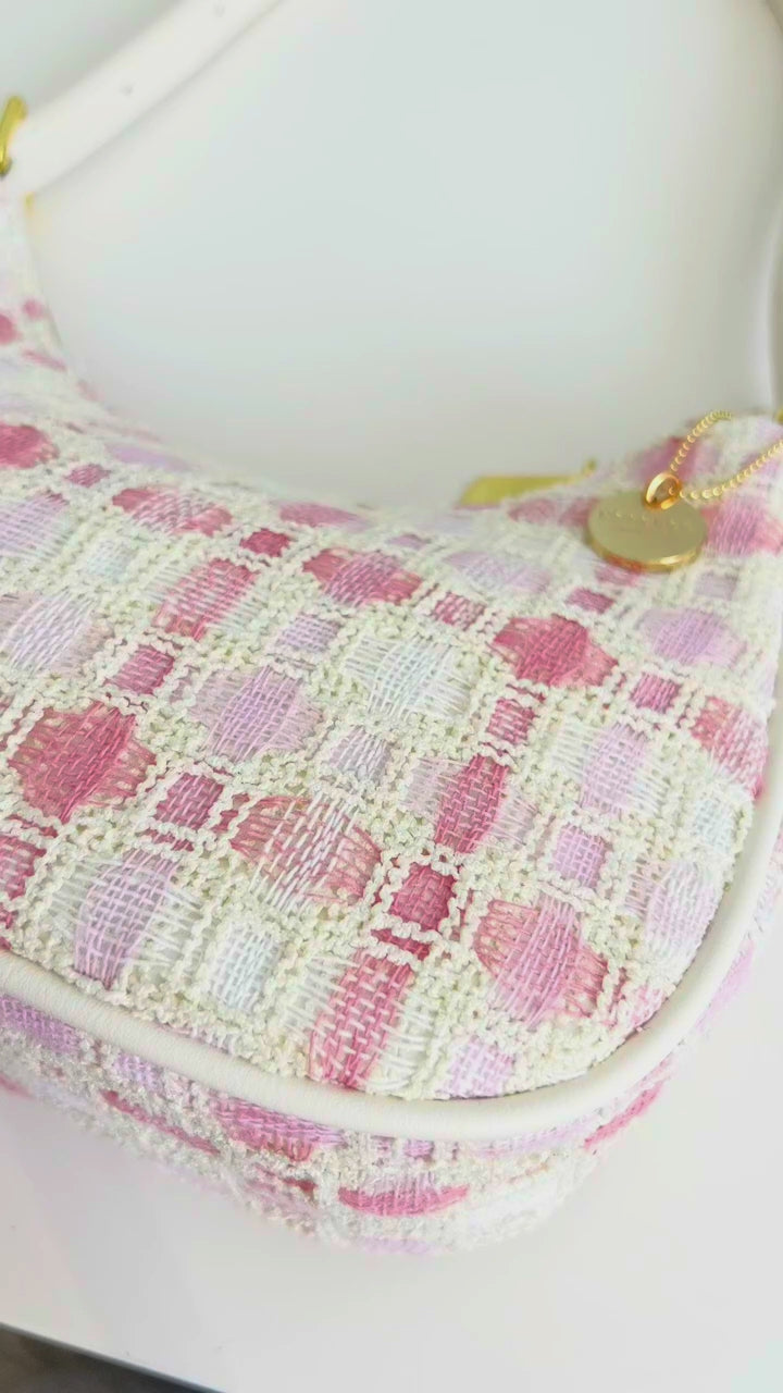 Pink and white check tweed hobo shoulder bag for women with gold chain strap rotating 360 view - Cash on delivery Pakistan